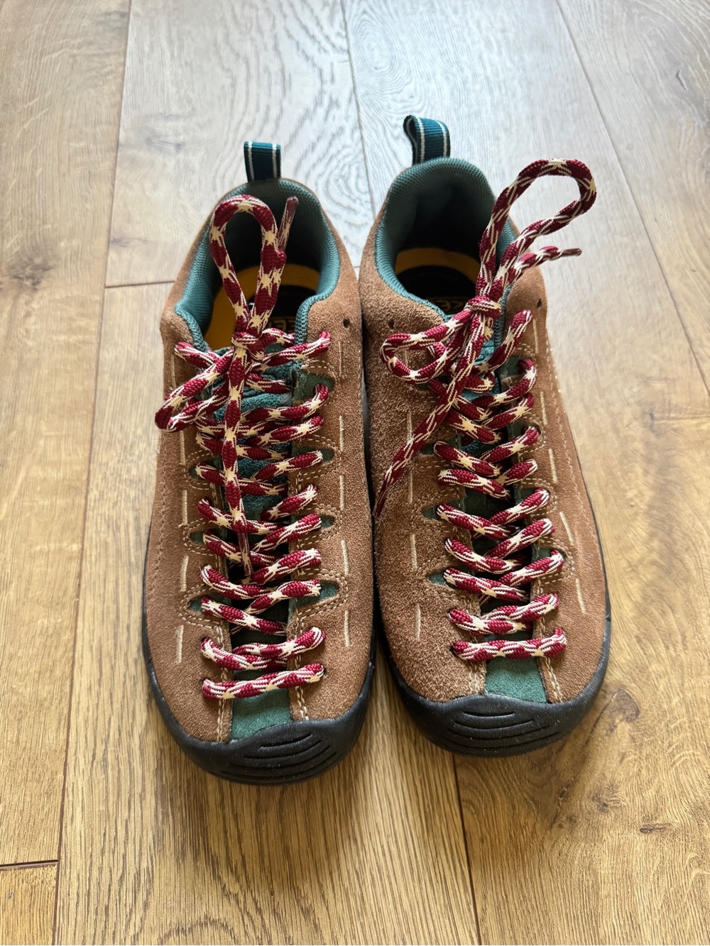 Keen Kids Brown Suede Sneakers with Red Patterned Laces